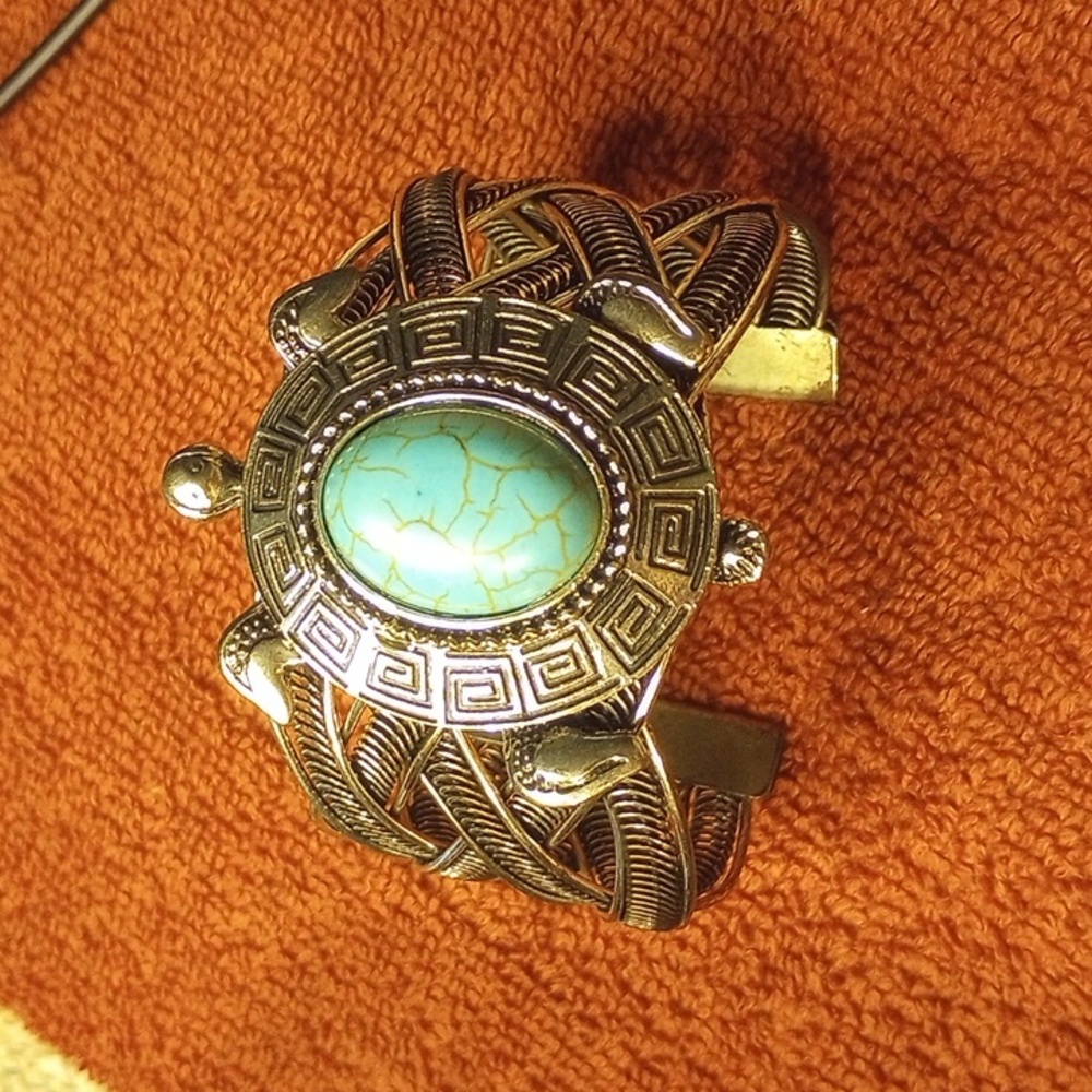 Faux Turquoise chunky silvertone Turtle Cuff Bracelet